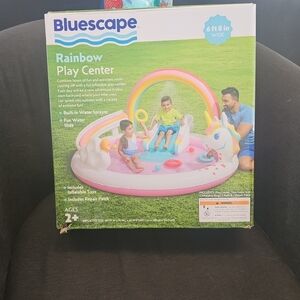 NIB Bluescape Rainbow Unicorn Play Center Toddler Pool Water Slide + Games
